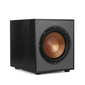Klipsch subwoofer with a copper cone woofer in a black cabinet and grey front panel.