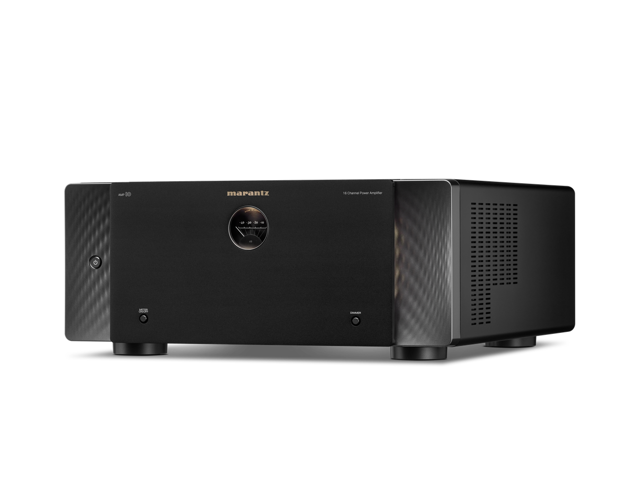 Marantz Amp 10 Amplifier Marantz 16-channel power amplifier with black front panel, circular meter, textured side panels, and vented right enclosure