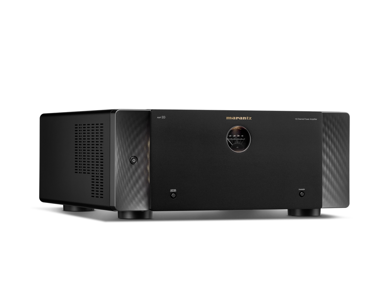 Marantz Amp 10 Amplifier Marantz 16-channel power amplifier with black front panel, gold logo, central vu meter, and perforated side panels.