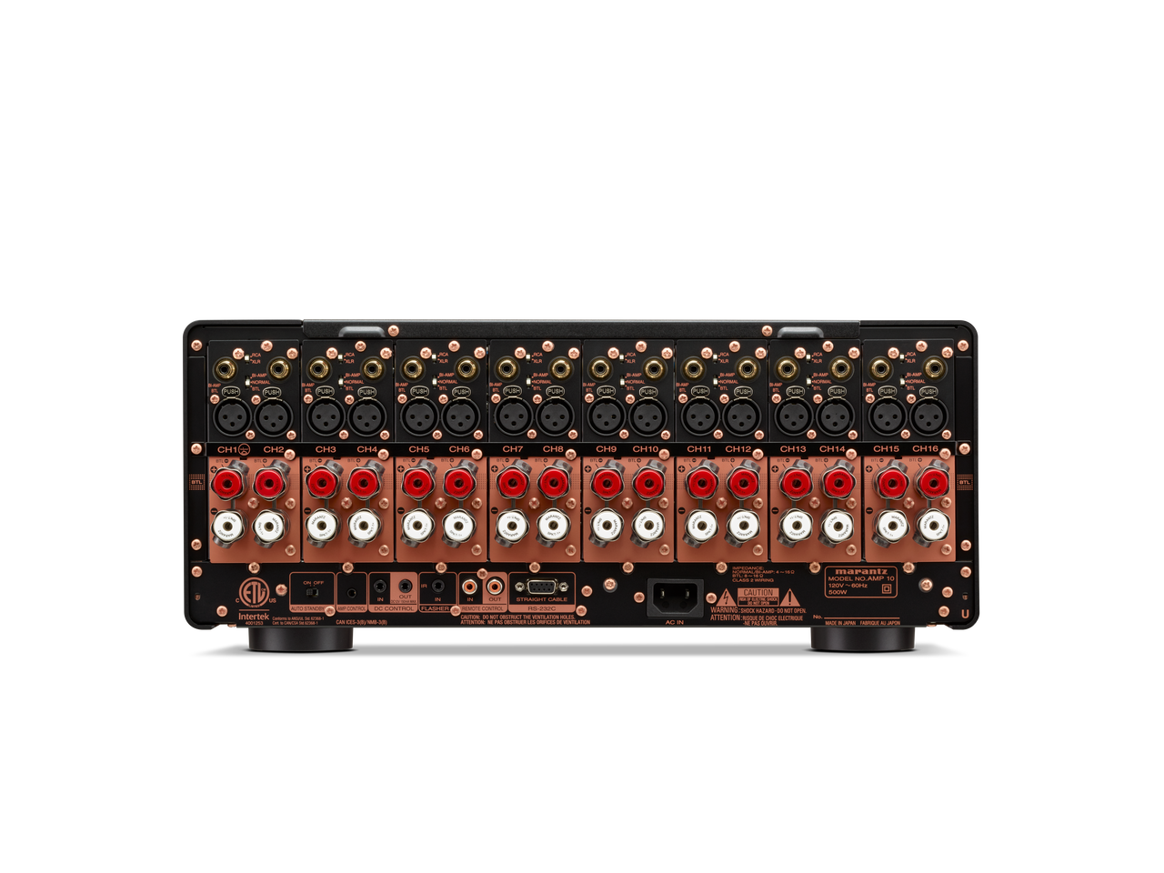 Marantz Amp 10 Amplifier Back panel of a marantz amp 10 16-channel audio amplifier with xlr inputs and red/white binding post outputs.