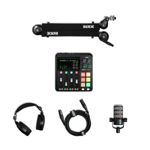 RØDE podcasting kit with Rodecaster Pro mixer, adjustable boom arm with microphone, over-ear headphones, and XLR cable.