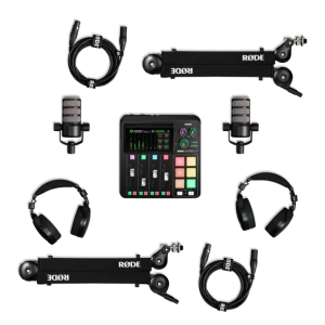 Rodecaster Pro podcasting mixer surrounded by four Rode PSA1 boom arms, two over-ear headphones, and coiled XLR cables.