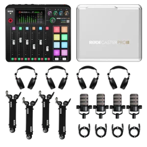 RØDE RØDECaster Pro II audio production console with a carrying case, four headphones, and four microphones on stands.
