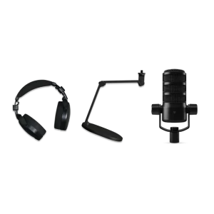 Black studio microphone on an adjustable boom arm with over-ear headphones.
