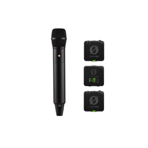 Wireless handheld microphone with three compact wireless receivers showing LED indicators and color-coded top ports.