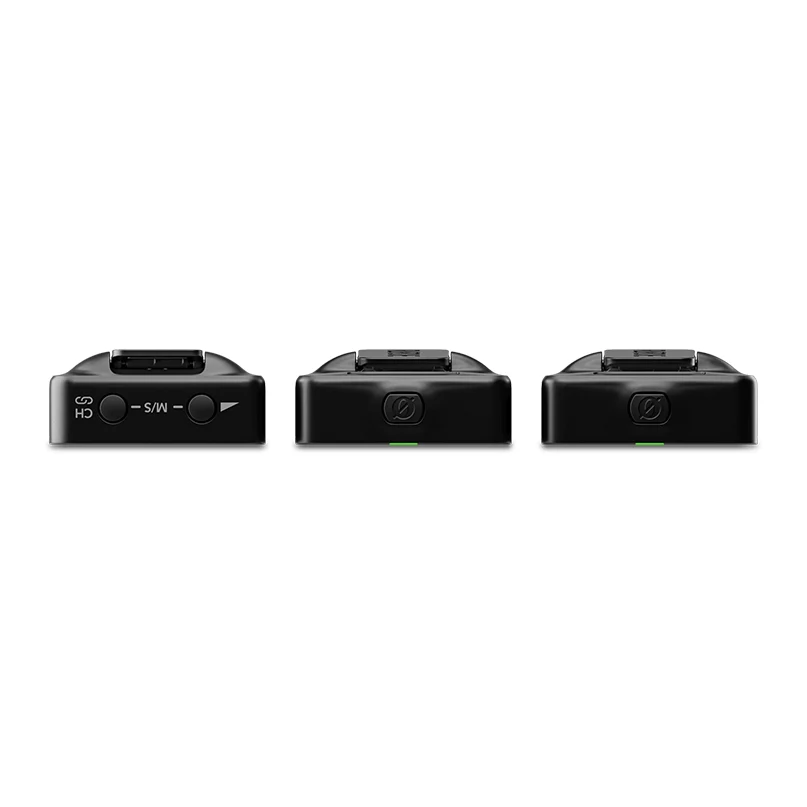 Rode Wireless Go (Gen 3) Three black adapters with top docking ports; left unit labeled ch5 with s/w buttons, middle and right show green leds.