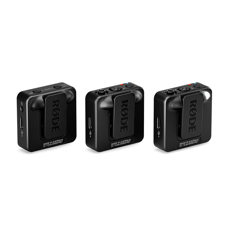 Rode Wireless Go (Gen 3) Three black røde wireless go compact wireless microphone transmitters with front clip, usb-c port visible, made in australia.