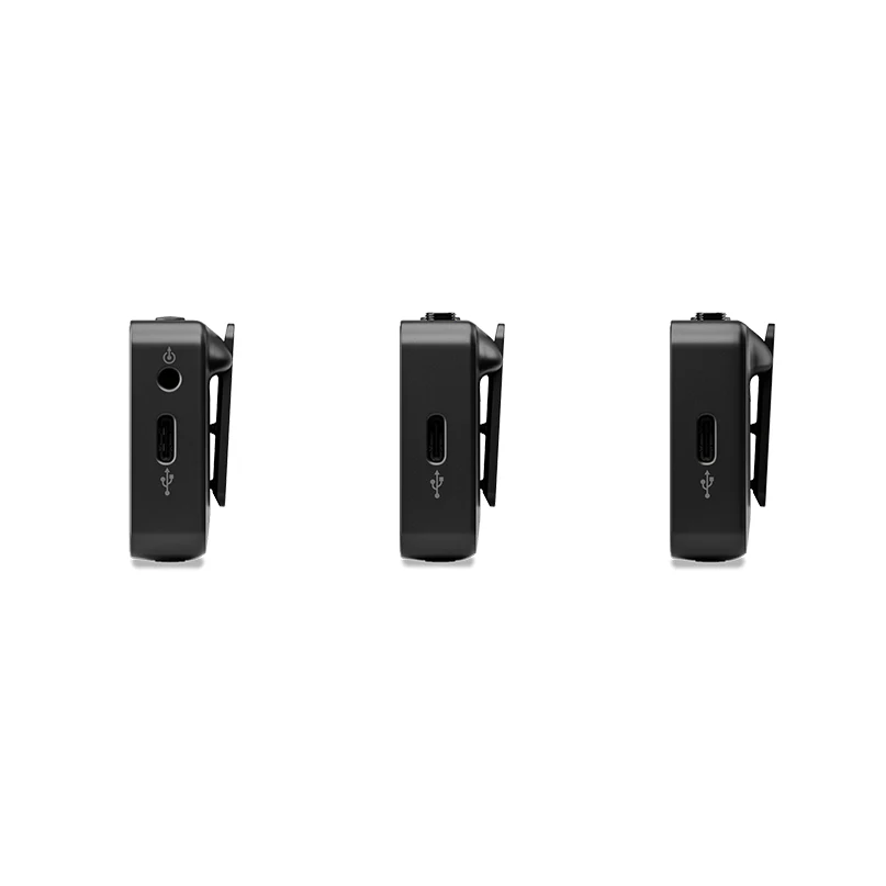 Rode Wireless Go (Gen 3) Three black clip-on usb-c devices with side belt clips and front ports.