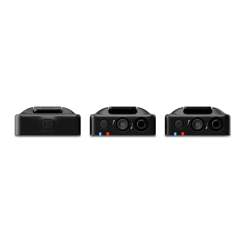 Rode Wireless Go (Gen 3) Three black compact electronic devices with top mounting connector, circular input jacks, and blue and red indicator tabs.