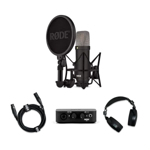 RØDE large-diaphragm condenser microphone with shock mount and pop filter, plus XLR cable, audio interface, and headphones
