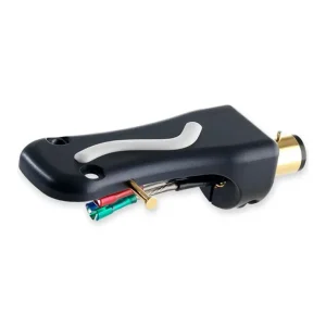 Black plastic turntable headshell with a white cue lever, exposed multicolored wiring, and gold-plated connector.