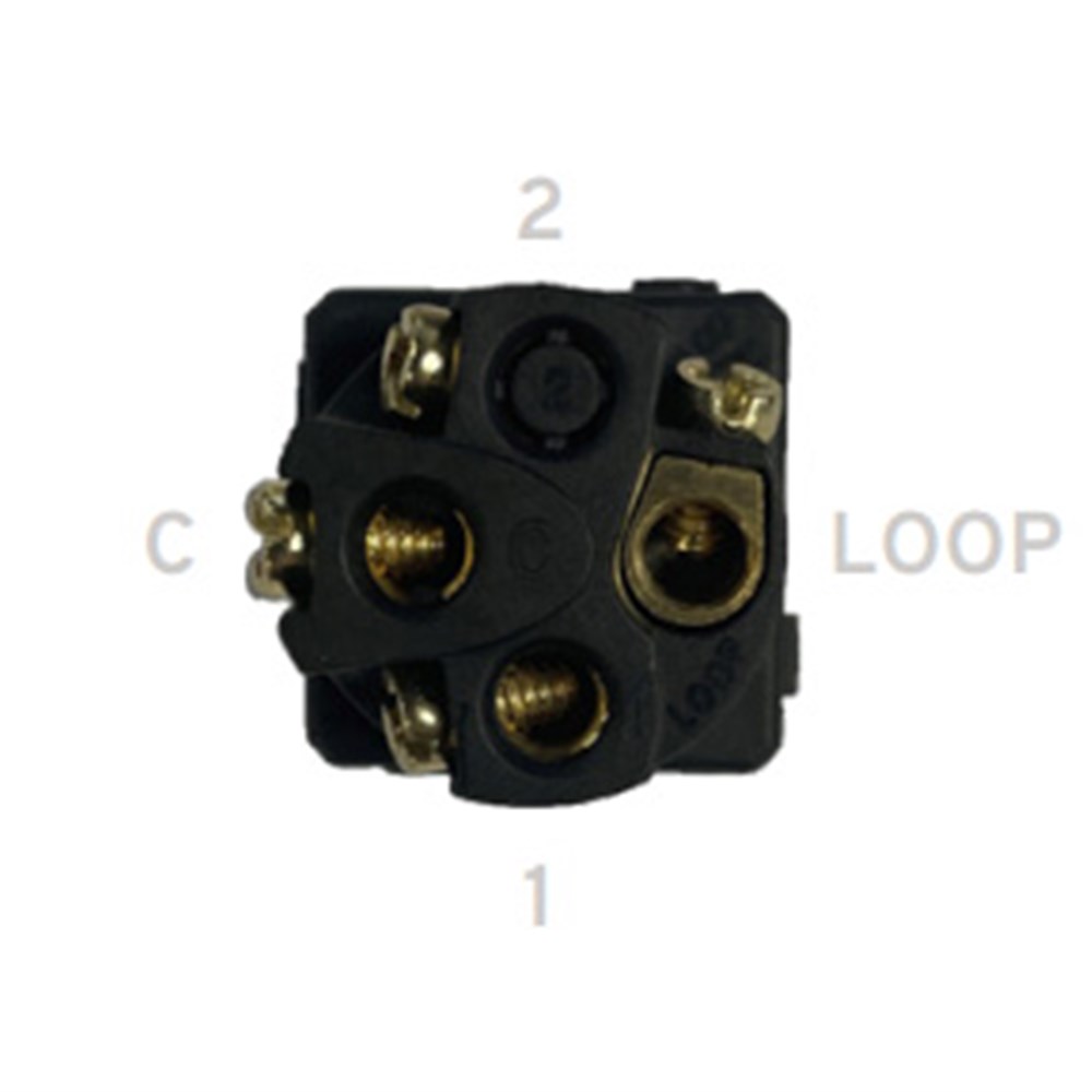 Kasta Hesperus Unison Switch 1 Way/2Way 10Ax 250Vac Black plastic three-terminal electrical terminal block with brass screw terminals and loop connections.