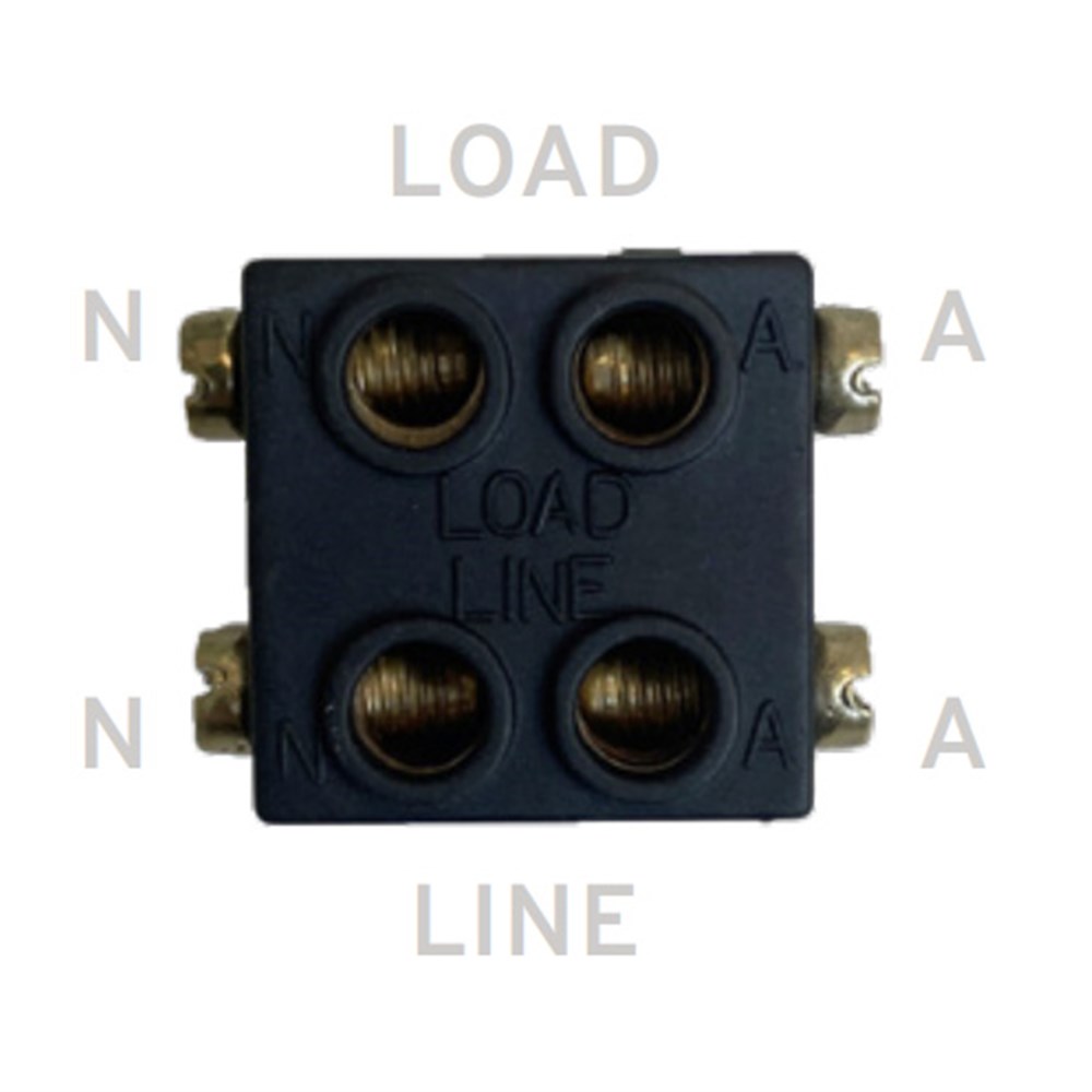 Kasta Hesperus Unison Switch Double Pole 1 Way 35A 250Vac Four-screw terminal block with two n terminals and two a terminals labeled line and load.