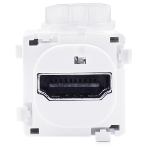HDMI Type A female connector mounted in a white plastic enclosure with side latches.