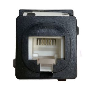 Black modular RJ45 Ethernet keystone jack with gold-plated contacts.