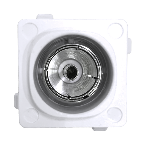 Kasta Unison Tv Mechanism Coaxial White plastic square electrical socket housing with circular metal receptacle and central shaft.