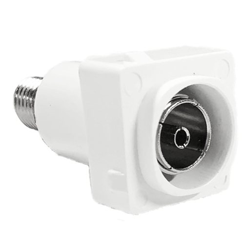 Kasta Unison Tv Mechanism Coaxial White plastic coaxial connector adapter with male threaded f-type end and circular metal inner receptacle.