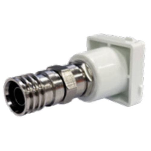 Kasta Unison Tv Mechanism Coaxial Panel-mount rf coaxial connector with metal coupling nut and white plastic flange.