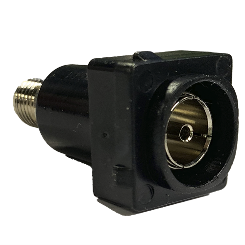 Kasta Unison Tv Mechanism Coaxial Panel-mount circular connector, black plastic housing, brass inner contacts, threaded rear coupling.
