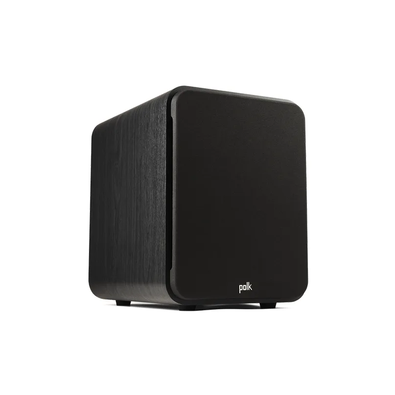 Polk Signature Elite Es10 Subwoofer Polk black subwoofer with wood-grain side panels, compact rectangular cabinet and front panel