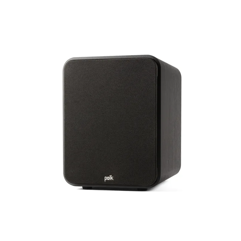 Polk Signature Elite Es10 Subwoofer Polk black compact bookshelf speaker with rounded edges and fabric grille.