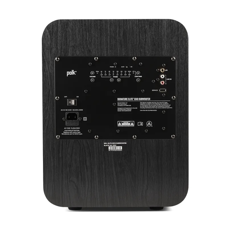 Polk Signature Elite Es10 Subwoofer Polk signature elite es10 subwoofer with black wood cabinet and rear control panel.