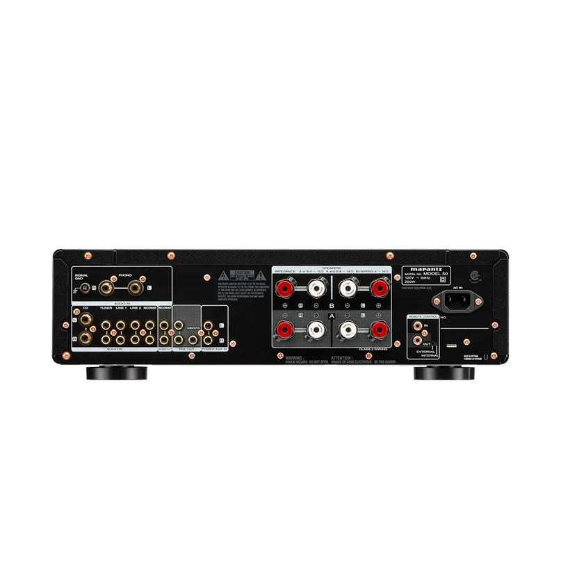 Marantz Model 50 Integrated Stereo Amplifier Marantz stereo receiver rear panel with rca inputs, tuner section, and red and black speaker terminals.