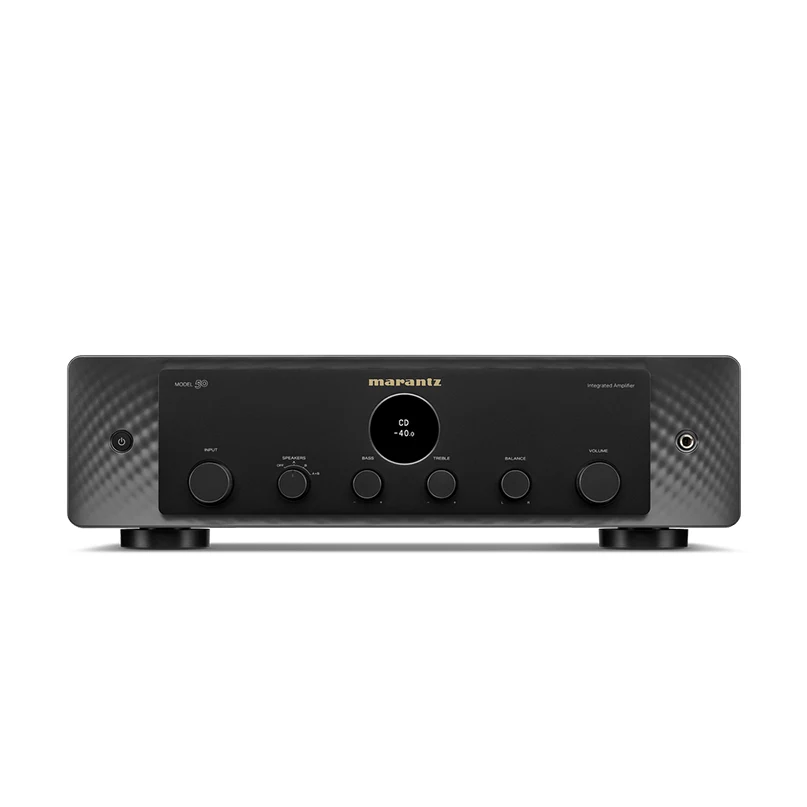 Marantz Model 50 Integrated Stereo Amplifier Marantz model 50 integrated stereo amplifier with black face, central circular display, and multiple knobs on textured side panels.