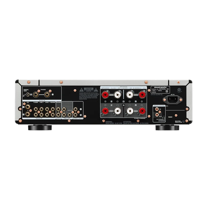 Marantz Model 50 Integrated Stereo Amplifier Marantz stereo power amplifier rear panel with rca inputs and speaker binding posts.