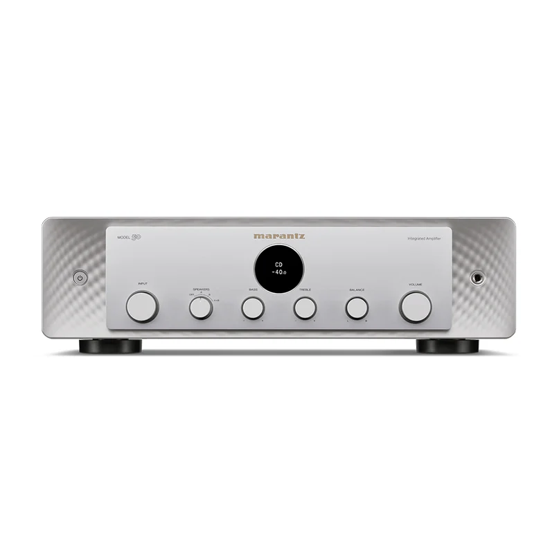 Marantz Model 50 Integrated Stereo Amplifier Marantz model 50 integrated amplifier with silver faceplate, central circular display, multiple knobs, and headphone jack.