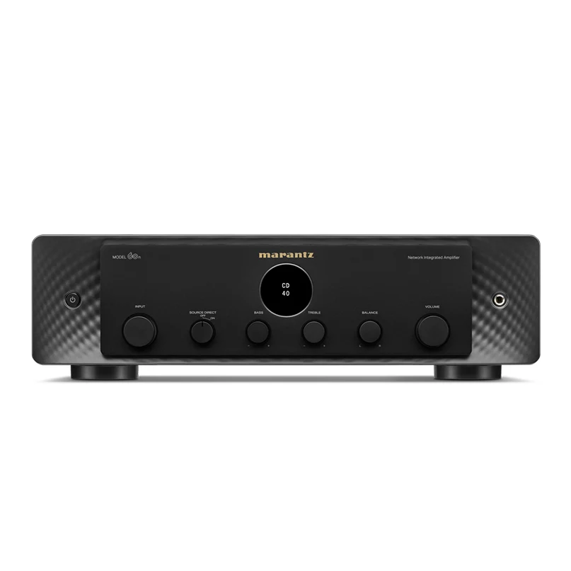 Marantz Model 60N Network Integrated Amplifier Marantz model 60n network integrated amplifier in black with gold logo, cd 40 display, knobs for input, bass, treble, balance, volume.