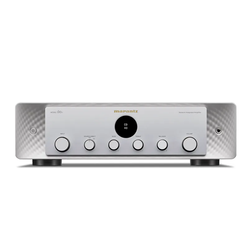 Marantz Model 60N Network Integrated Amplifier Marantz networked integrated amplifier, model cd 40, silver front panel with multiple knobs and headphone jack.