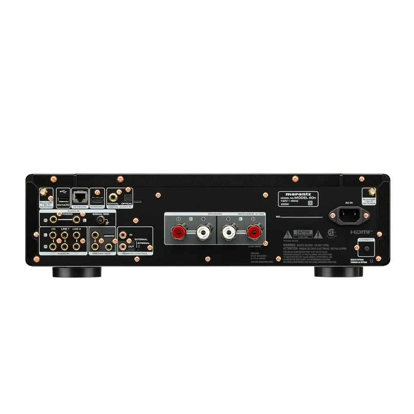 Marantz Model 60N Network Integrated Amplifier Marantz model 60n av receiver rear panel with speaker terminals, rca inputs, hdmi input, and network/antenna ports.