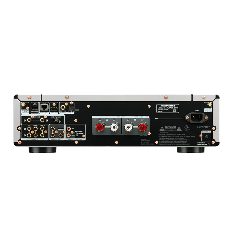 Marantz Model 60N Network Integrated Amplifier Marantz model 60n av receiver rear panel with hdmi input, speaker binding posts, and multiple rca connections.