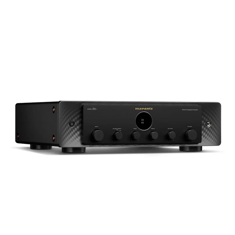 Marantz Model 60N Network Integrated Amplifier Marantz networked integrated amplifier with black front panel, circular display, five knobs, and carbon-fiber side panels.