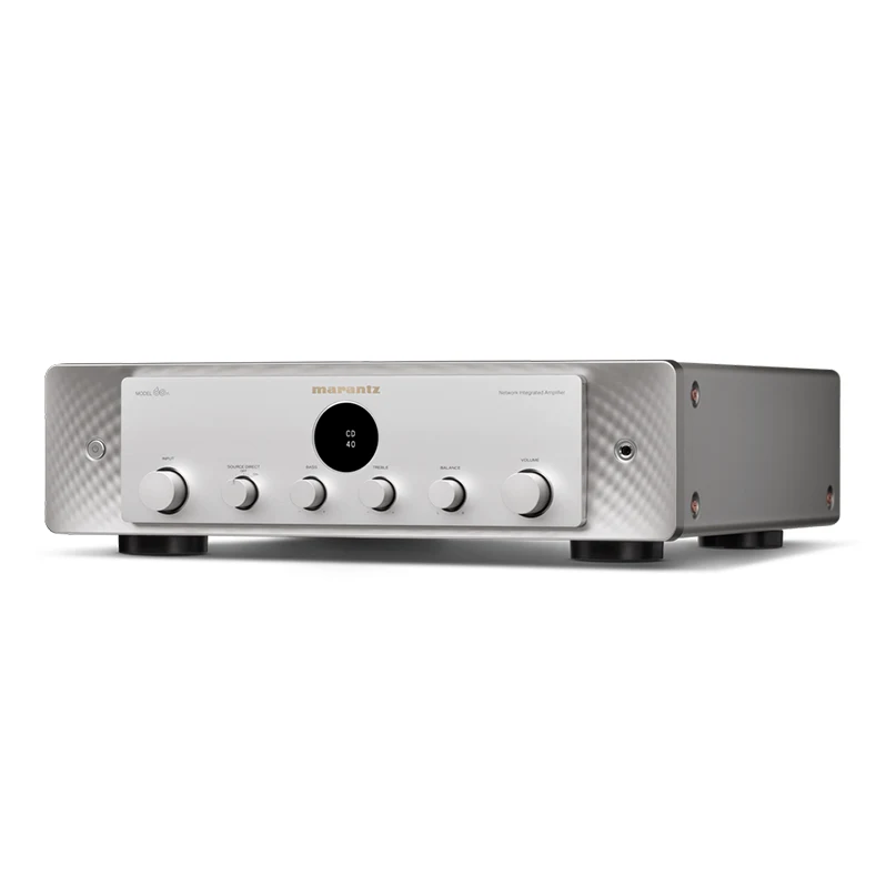Marantz Model 60N Network Integrated Amplifier Marantz integrated stereo amplifier with silver front panel, gold logo, circular central display, and multiple control knobs.