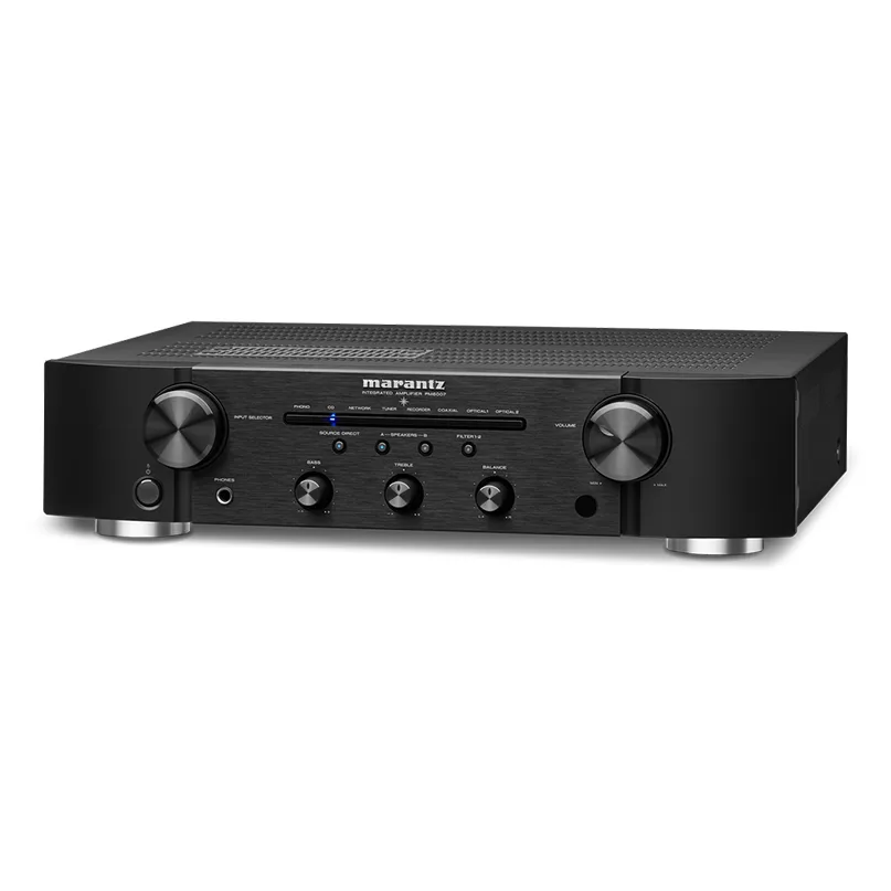 Marantz Pm6007 Slimline Integrated Stereo Amplifier Marantz integrated stereo amplifier with black brushed front panel, large volume knob, and multiple control knobs
