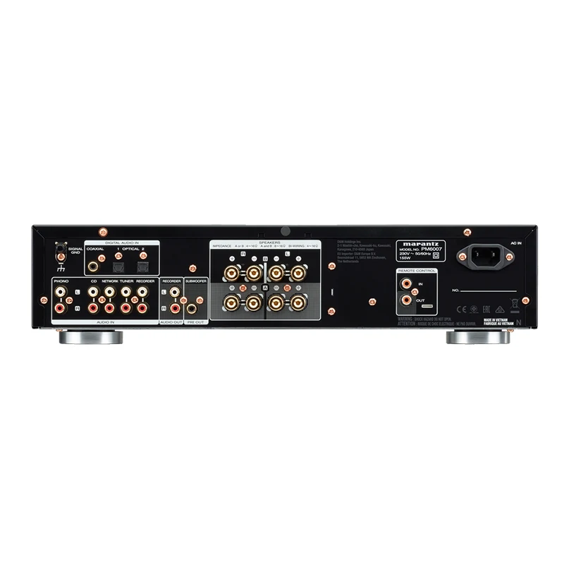 Marantz Pm6007 Slimline Integrated Stereo Amplifier Marantz pm8007 stereo integrated amplifier rear panel with twin speaker terminals, multiple rca inputs, and power inlet.