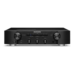 MARANTZ PM6007 Slimline Integrated Stereo Amplifier black stereo integrated amplifier front panel with volume knob, input selectors, and tone controls.