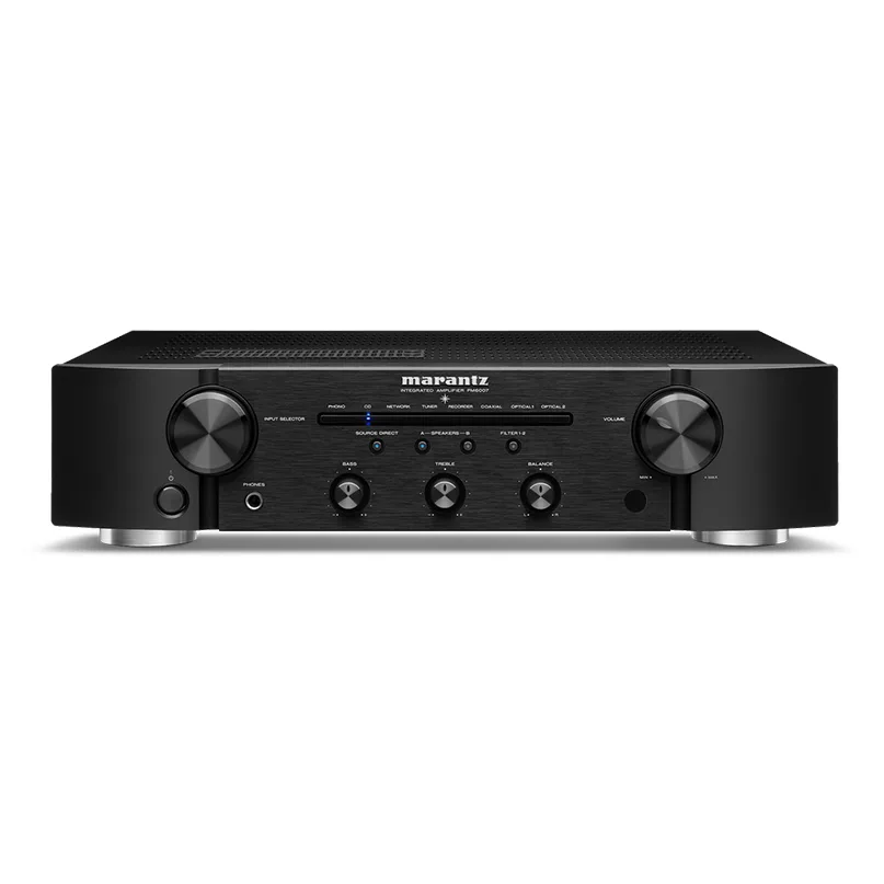 Marantz Pm6007 Slimline Integrated Stereo Amplifier Marantz pm6007 slimline integrated stereo amplifier black stereo integrated amplifier front panel with volume knob, input selectors, and tone controls.