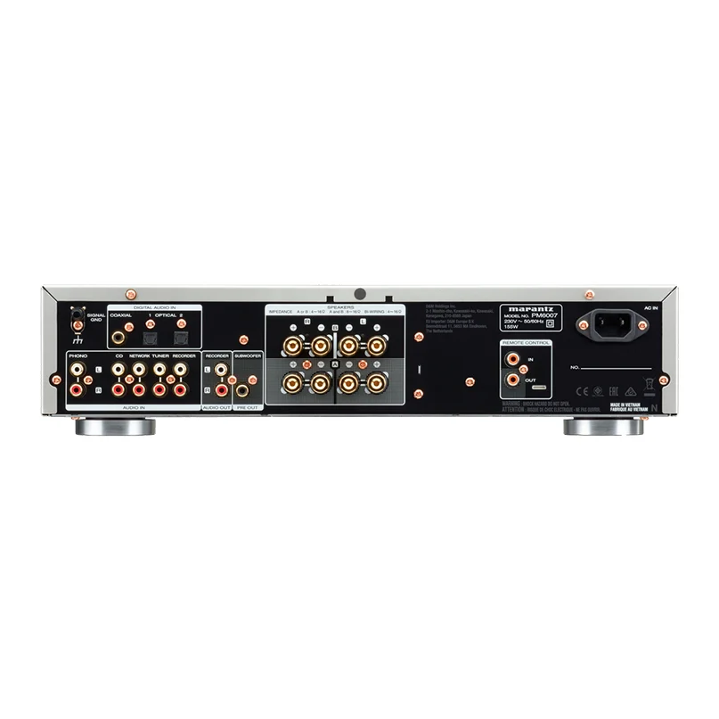 Marantz Pm6007 Slimline Integrated Stereo Amplifier Marantz pm8007 integrated stereo amplifier rear panel with multiple rca inputs and outputs, speaker binding posts, and power inlet.