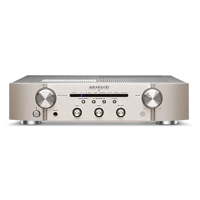 Marantz Pm6007 Slimline Integrated Stereo Amplifier Marantz integrated stereo amplifier with brushed aluminum face, large left and right volume knobs, and multiple front-panel controls.