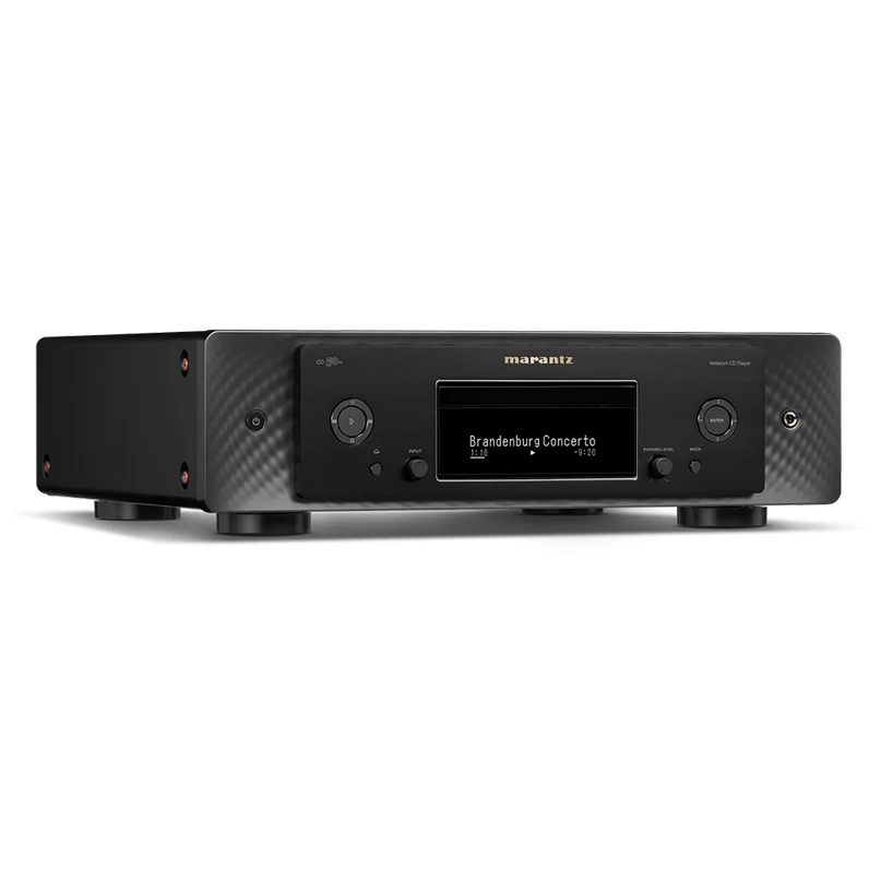 Marantz Cd 50N Cd Player Marantz network cd player with black front panel, central display showing brandenburg concerto, carbon-textured side panels and four feet