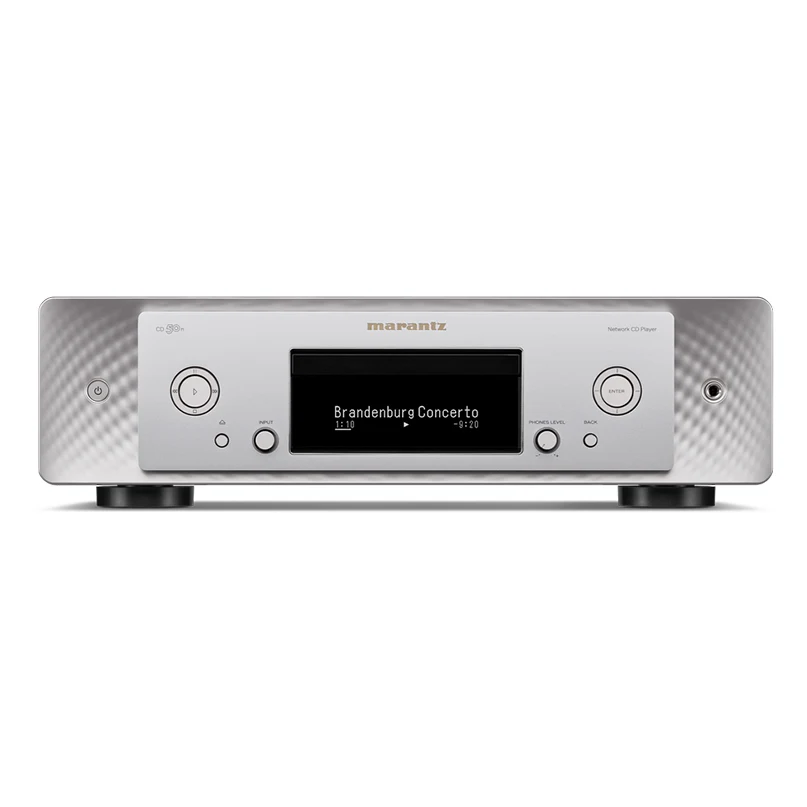 Marantz Cd 50N Cd Player Marantz network cd player with silver front, central display showing brandenburg concerto, circular knobs on each side.