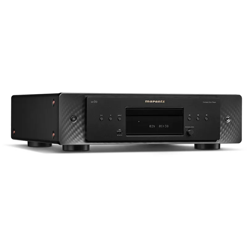 Marantz Cd 60 Premium Cd Player Marantz compact disc player with black finish, front-loading tray, display, and carbon-fiber side panels.