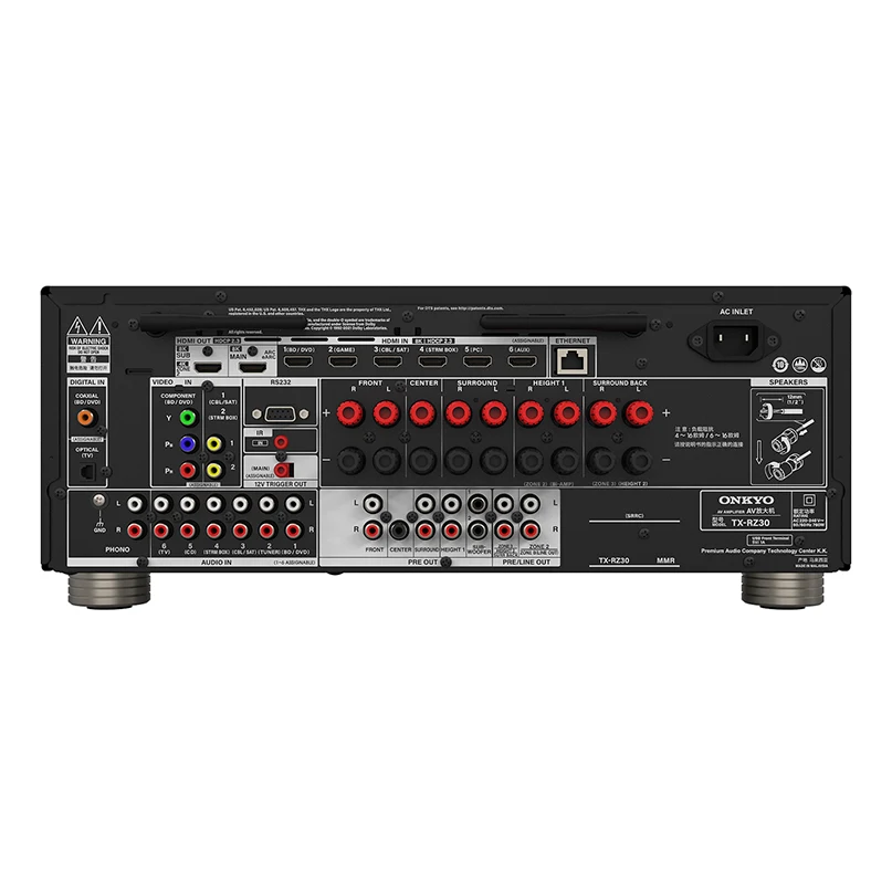 Onkyo Tx-Rz30 Av Receiver Onkyo tx-rz30 av receiver rear panel with numerous speaker terminals, rca/av inputs, hdmi, and ethernet.