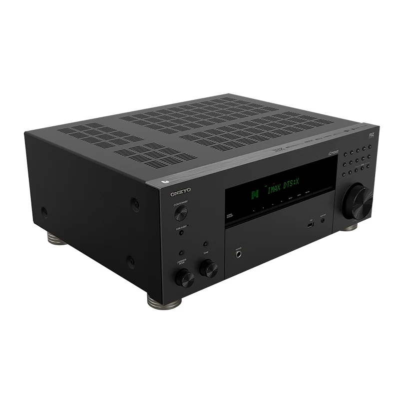 Onkyo Tx-Rz30 Av Receiver Onkyo integrated stereo amplifier/receiver in black metal housing with vented top, front display, multiple knobs, and large right-side volume control.