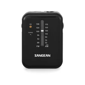 Sangean portable AM/FM radio in black with vertical tuning scale.
