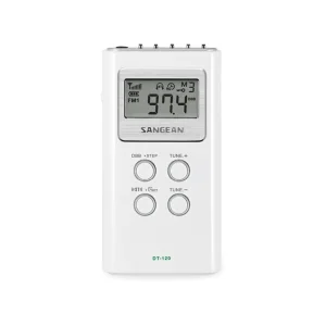 Sangean DT-120 white portable digital radio with LCD display showing 97.4 FM and four control buttons.