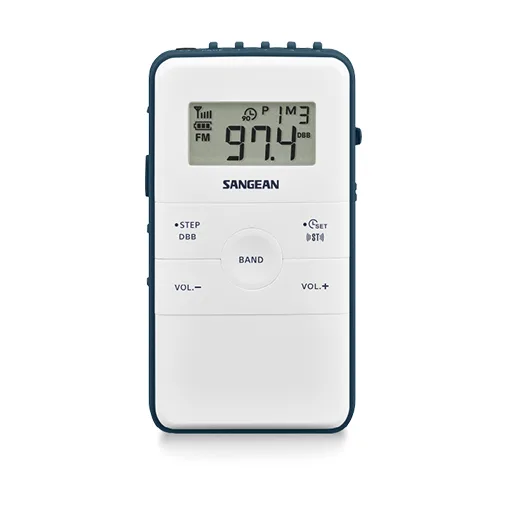 Sangean Dt-140 Am/Fm Pocket Receiver Sangean pocket digital radio with display showing fm 97. 4, white body with blue trim and center band button